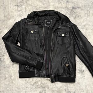 YMI Black Faux Leather Bomber Jacket with Ribbed Trim